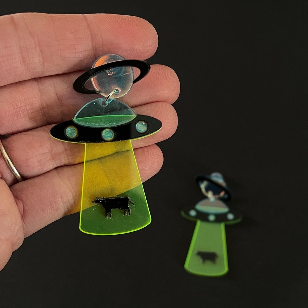UFO Beaming Up a Cow Earrings